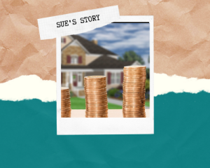 An image of coins with a house in the background